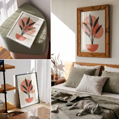 Wandposter mit abstraktem geometrischem Blättermuster auf beigem Hintergrund