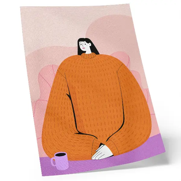 Wandposter grafische Darstellung einer Figur in einem orangefarbenen Pullover vor rosa Hintergrund