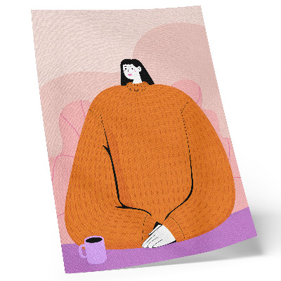 Wandposter Grafik einer Figur in einem orangefarbenen Pullover vor rosa Hintergrund