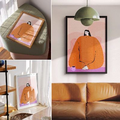 Wandposter Grafik einer Figur in einem orangefarbenen Pullover vor rosa Hintergrund