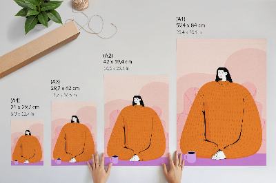 Wandposter Grafik einer Figur in einem orangefarbenen Pullover vor rosa Hintergrund