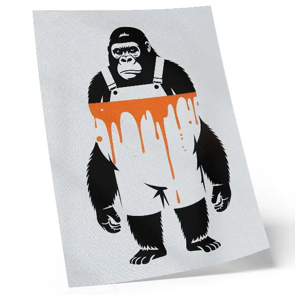 Kunstdruck auf Leinwand ein Gorilla in Latzhose vor leuchtend orangefarbenem Hintergrund