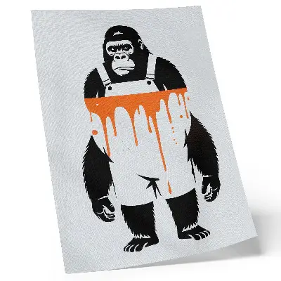 Kunstdruck auf Leinwand ein Gorilla in Latzhose vor leuchtend orangefarbenem Hintergrund