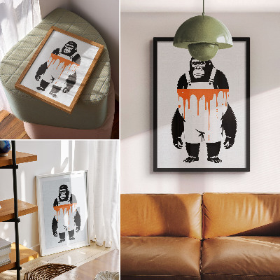 Kunstdruck leinwand Ein Gorilla in Latzhose vor einem leuchtend orangefarbenen Hintergrund