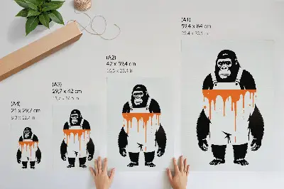 Kunstdruck auf Leinwand ein Gorilla in Latzhose vor leuchtend orangefarbenem Hintergrund