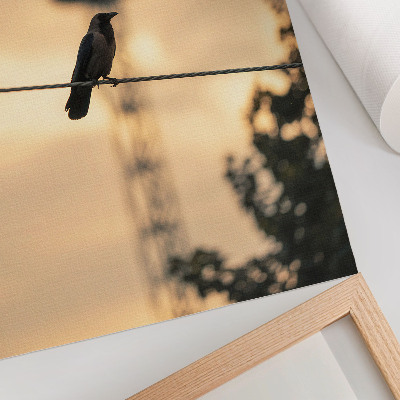Kunstdruck leinwand Vogel auf einer Leitung, Abendhimmel, zarter Hintergrund