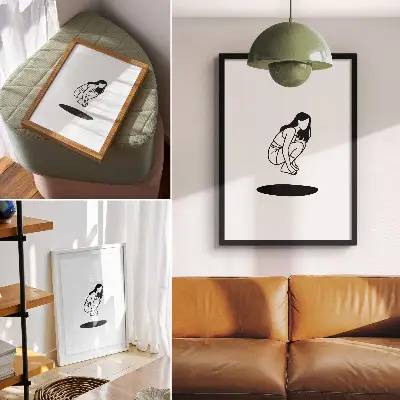 Kunstdruck auf Leinwand kauernde Gestalt vor weißem Hintergrund ohne Details