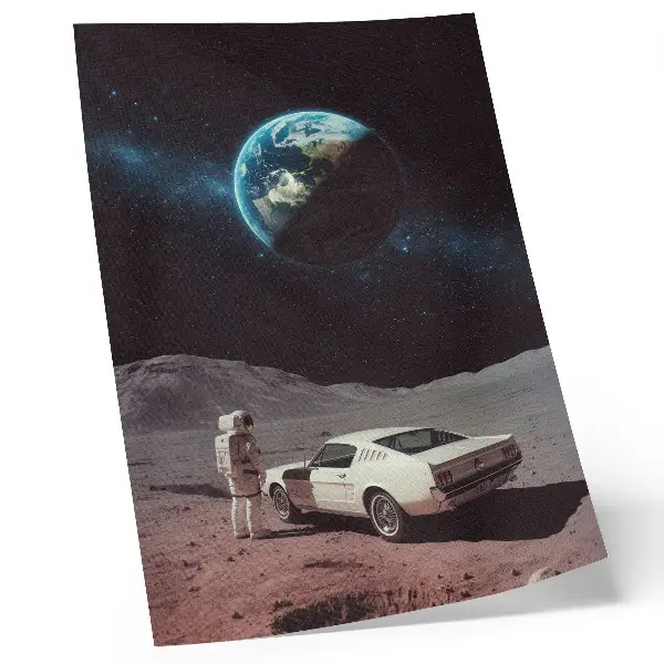 Wandposter Astronaut auf dem Mond mit Auto, Erde und Sternen