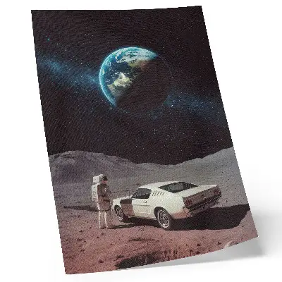 Wandposter Astronaut auf dem Mond mit Auto, Erde und Sternen