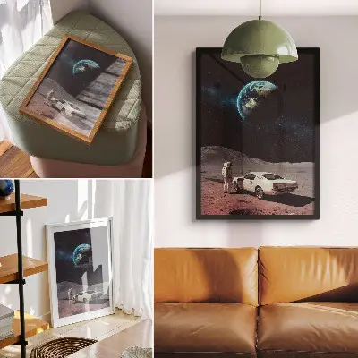 Wandposter Astronaut auf dem Mond mit Auto, Erde und Sternen