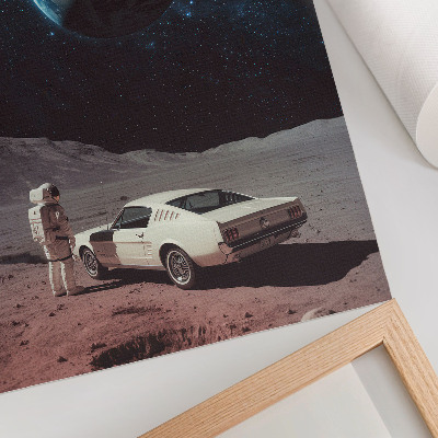 Wandposter Astronaut auf dem Mond, Auto, Erde, Sterne