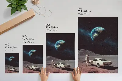 Wandposter Astronaut auf dem Mond mit Auto, Erde und Sternen