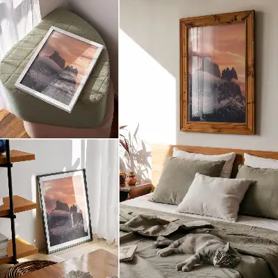 Kunstdruck auf Leinwand Sonnenuntergang in den Bergen mit Nebel, Harmonie und Geheimnis