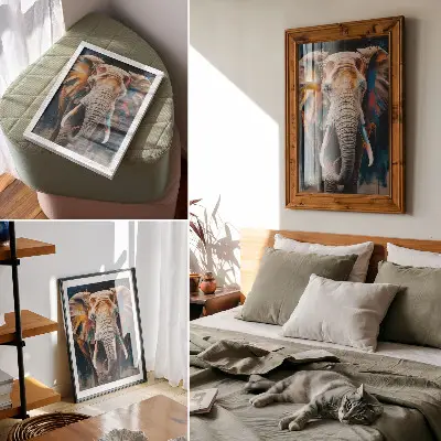 Leinwand-Kunstdruck farbenfrohe Elefantensilhouette mit modernen Akzenten im surrealistischen Stil