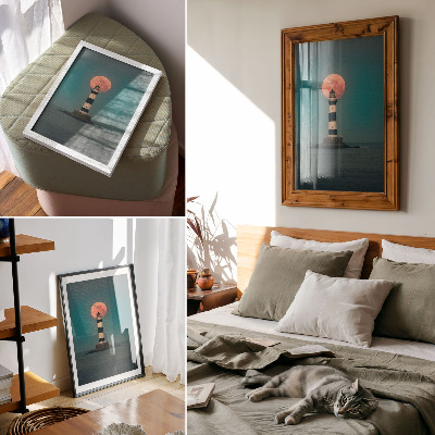 Wandposter Leuchtturm und Mond über dem Meer bei Sonnenuntergang
