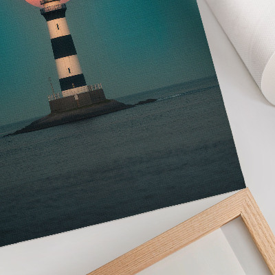 Wandposter Leuchtturm und Mond über dem Meer bei Sonnenuntergang