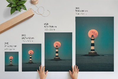 Wandposter Leuchtturm und Mond über dem Meer bei Sonnenuntergang