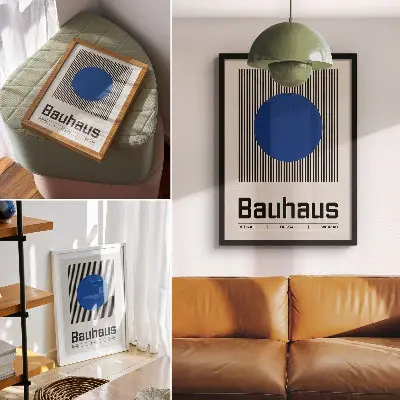 Poster großer blauer Kreis auf schwarz-weißen Linien
