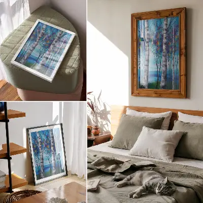 Wandposter mit farbenfrohen Birken vor blauem Hintergrund und warmen Akzenten
