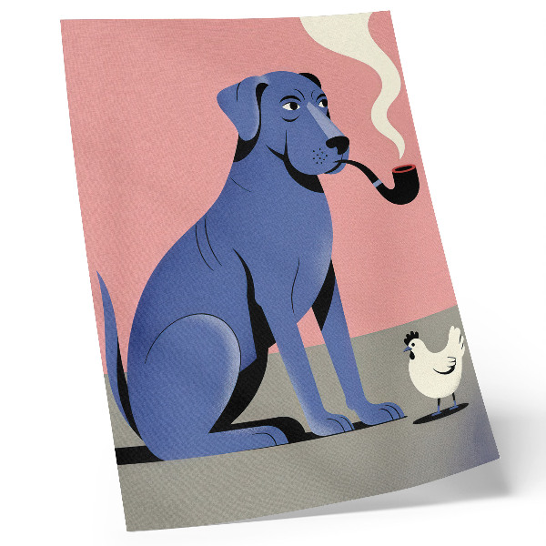 Kunstdruck leinwand Blauer Hund mit Pfeifenhuhn, rosa Hintergrund