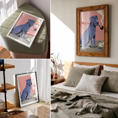 Kunstdruck auf Leinwand blauer Hund mit Pfeifenhuhn vor rosa Hintergrund