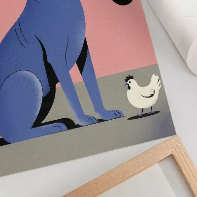Kunstdruck auf Leinwand blauer Hund mit Pfeifenhuhn vor rosa Hintergrund