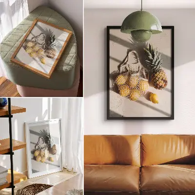 Kunstdruck auf Leinwand natürliche Produkte auf hellem Hintergrund