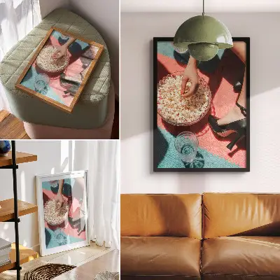 Wandposter mit bunten Teppich, Popcorn, Glas und eleganter Figur