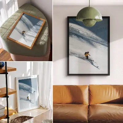 Leinwand Kunstdruck Skifahrer in gelber Jacke am Schneehang mit Schatten