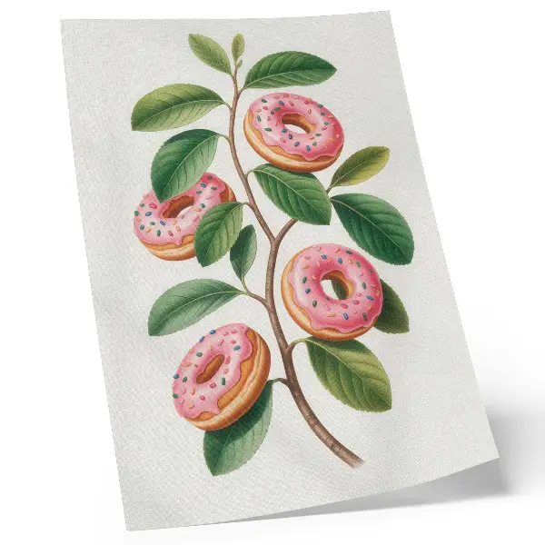 Wandposter rosa Knospen an grünen Zweigen mit Blättern im humorvollen Stil