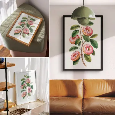 Wandposter rosa Knospen an grünen Zweigen mit Blättern im humorvollen Stil