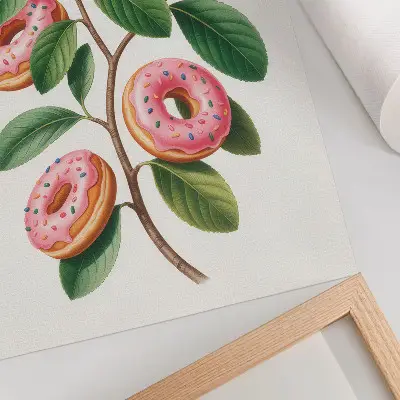 Wandposter rosa Knospen an grünen Zweigen mit Blättern im humorvollen Stil