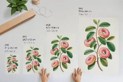 Wandposter rosa Knospen an grünen Zweigen mit Blättern im humorvollen Stil