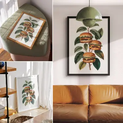 Poster hamburger an den Ästen eines grünen Baums