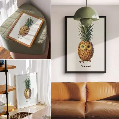 Kunstdruck auf Leinwand mit fantasievoller Kombination aus Ananas und Eule
