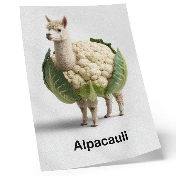 Wandposter mit einer ungewöhnlichen Kombination aus Alpaka und Blumenkohl