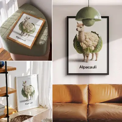 Wandposter mit einer ungewöhnlichen Kombination aus Alpaka und Blumenkohl