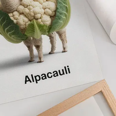 Wandposter mit einer ungewöhnlichen Kombination aus Alpaka und Blumenkohl