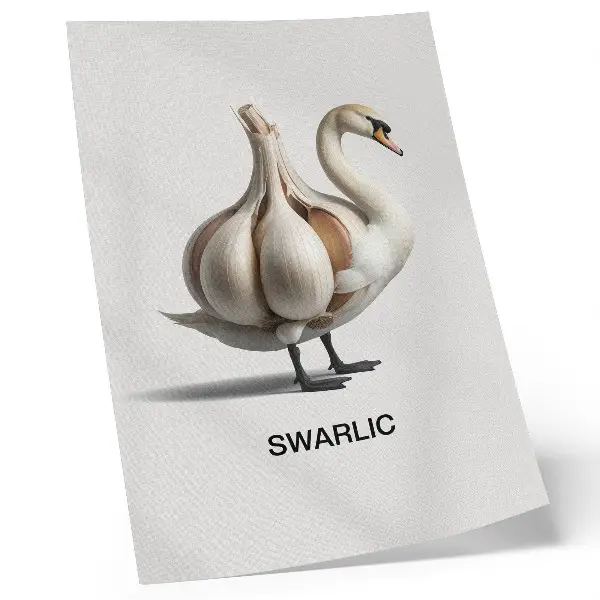 Poster surreale Darstellung eines Schwans mit Knoblauch