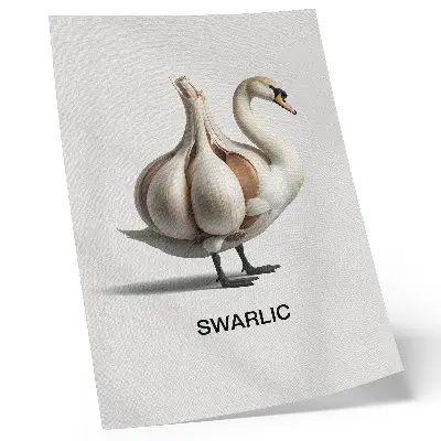 Poster surreale Darstellung eines Schwans mit Knoblauch