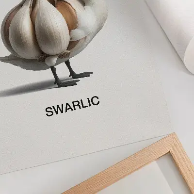 Poster surreale Darstellung eines Schwans mit Knoblauch