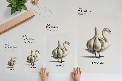Poster surreale Darstellung eines Schwans mit Knoblauch