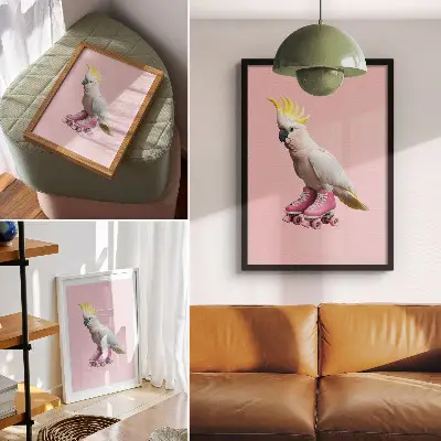 Leinwand Kunstdruck ein Papagei auf Rollschuhen in modernen Pastellfarben