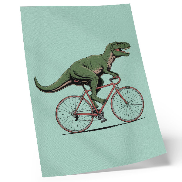 Wandposter Grüner Dinosaurier auf einem Fahrrad vor türkisfarbenem Hintergrund