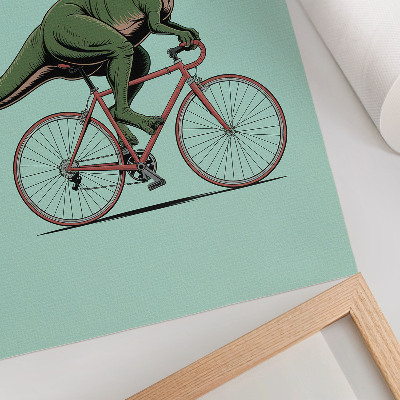 Wandposter Grüner Dinosaurier auf einem Fahrrad vor türkisfarbenem Hintergrund