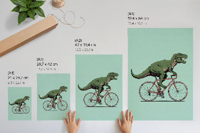 Wandposter Grüner Dinosaurier auf einem Fahrrad vor türkisfarbenem Hintergrund