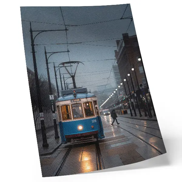 Kunstdruck auf Leinwand blaue Straßenbahn an einem regnerischen Tag im Stadtleben