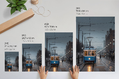 Kunstdruck leinwand Blaue Straßenbahn, regnerischer Tag, Stadtleben
