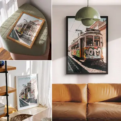Wandposter mit Straßenbahn-Graffiti und urbane Architektur