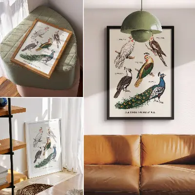 Leinwand-Kunstdruck mit elegantem Vogel- und Federmotiv in vielfältigen Farben
